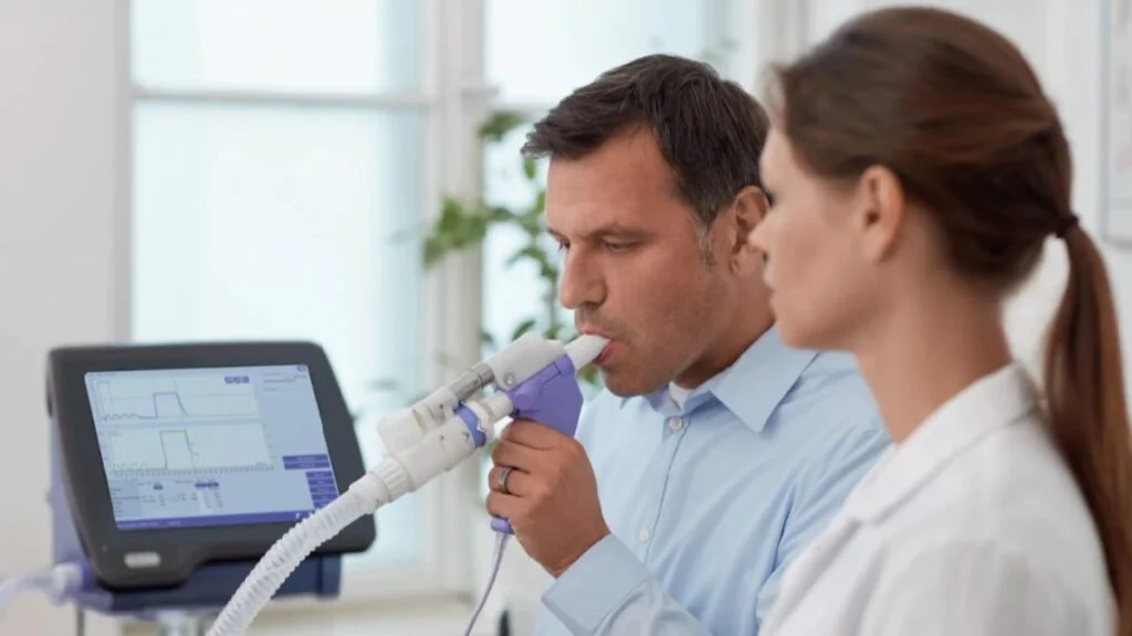 Pulmonary Function Testing Edmonton technician measuring lung capacity using spirometry equipment.